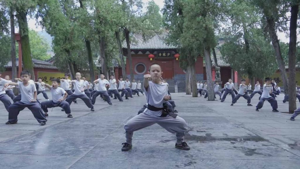 young disciples doing kung fu at the academy