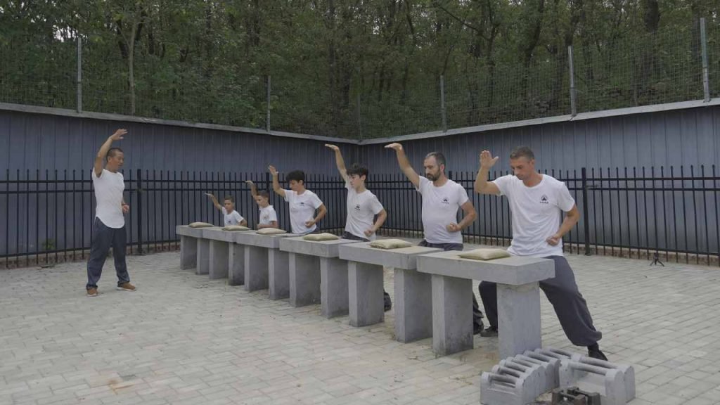 image shows students doing shaolin kung fu training