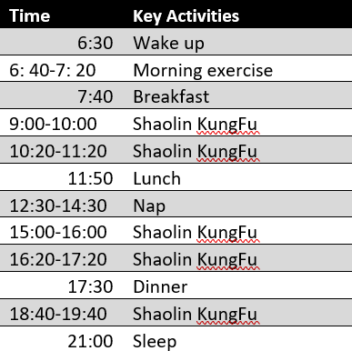 shaolin kung fu training schedule